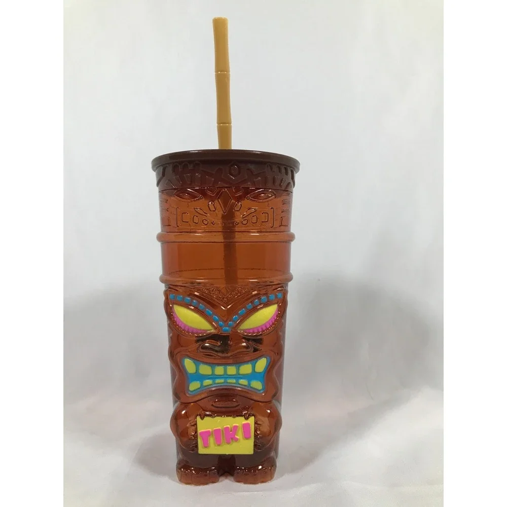 Berk Tiki Souvenir Tumbler Amber Plastic Cup with Bamboo Style Straw 22oz